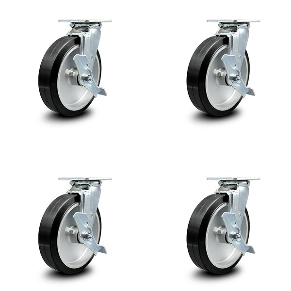 8 Inch Rubber on Aluminum Caster Set with Ball Bearings and Brake/Swivel Lock